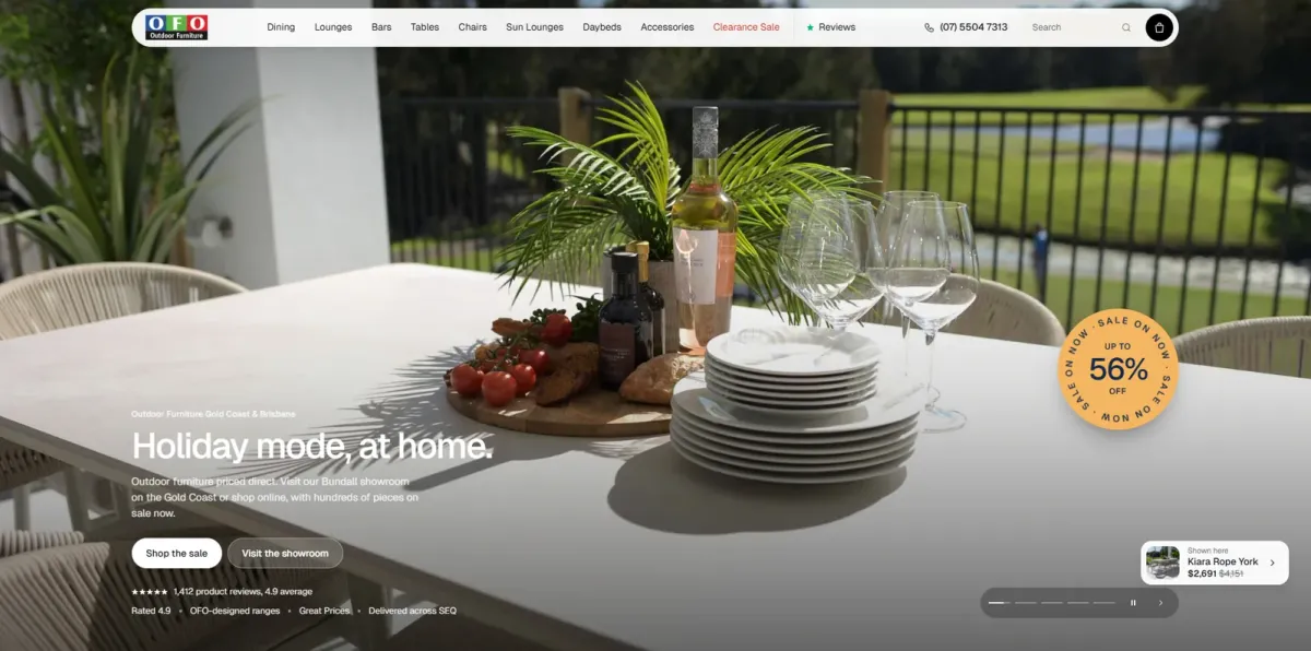 The OFO Outdoor Furniture website on a desktop screen