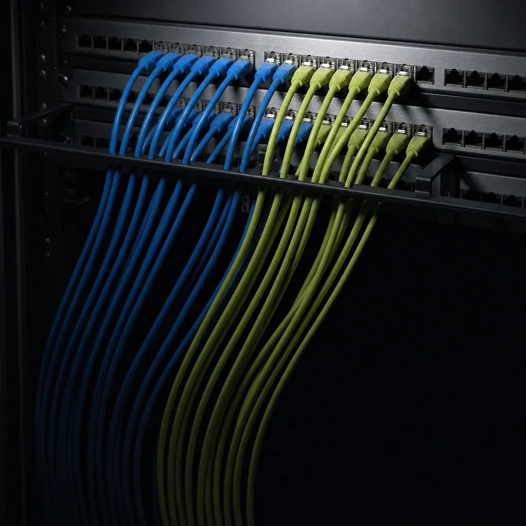 Blue and green network cables running into a patch panel