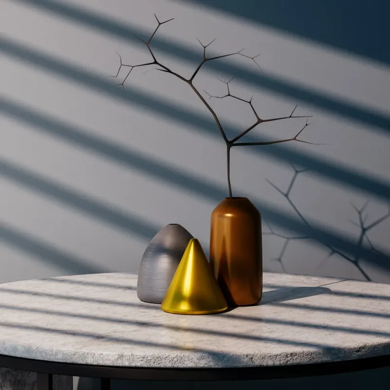 Ceramic and brass vases on a stone table in slatted window light, styled like a product shot