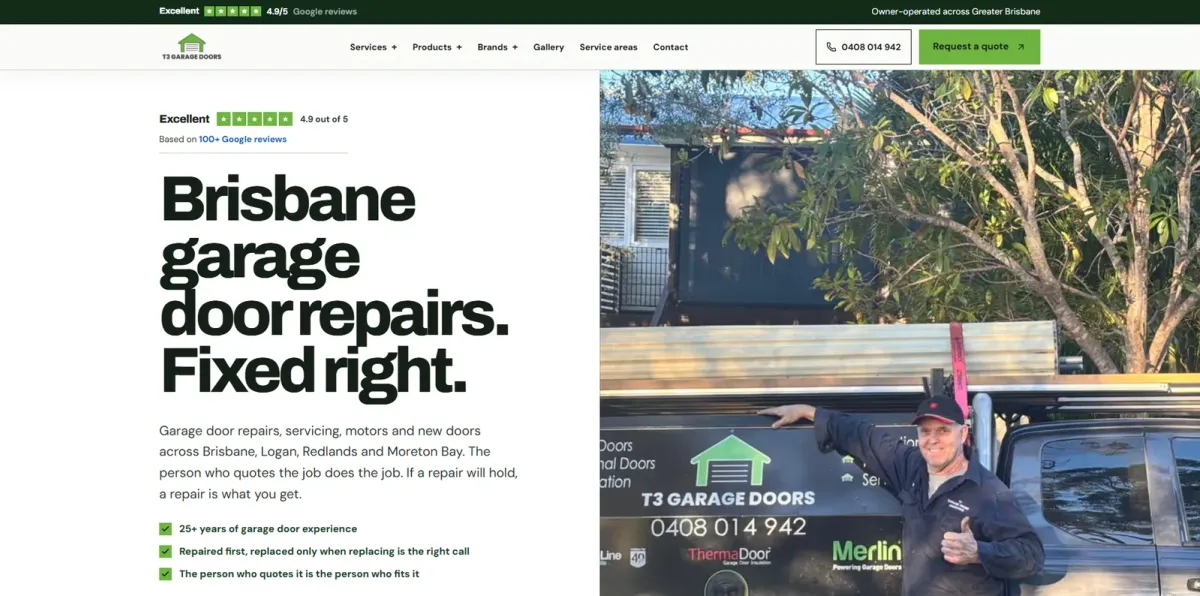 The T3 Garage Doors website on a desktop screen