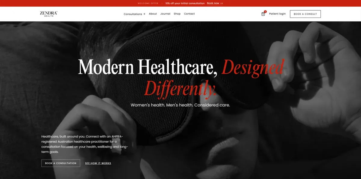 The Zendra Health website on a desktop screen